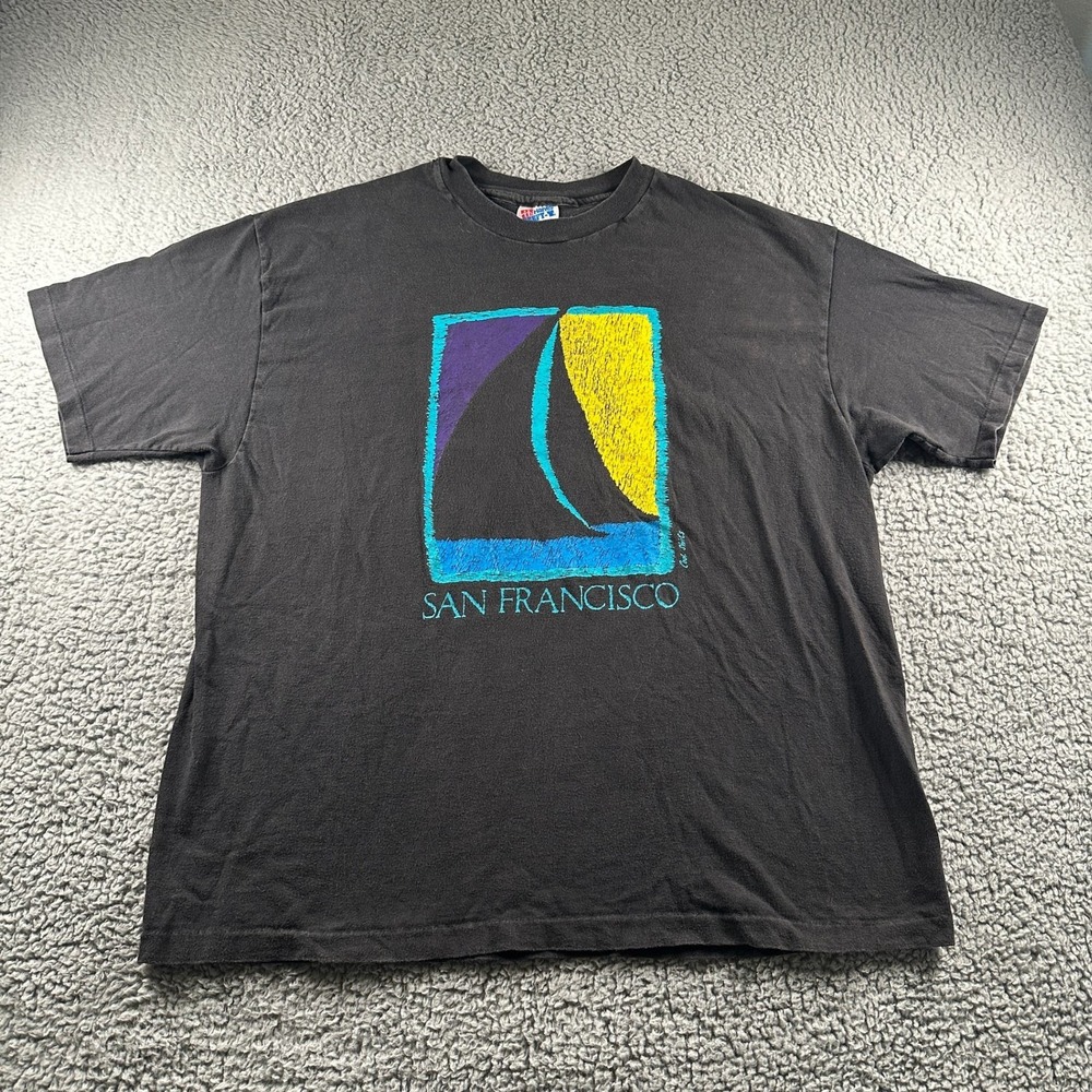 Vtg San Francisco T-Shirt XL Black Sailboat Graphic Tee 90's USA Single Stitch